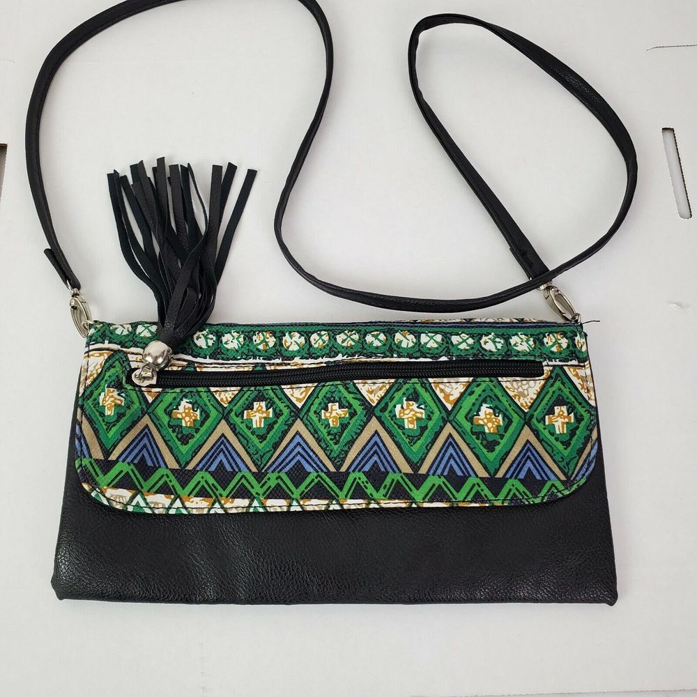 Western Cross Boho‎ Crossbody Clutch Purse Black Green Tassel
